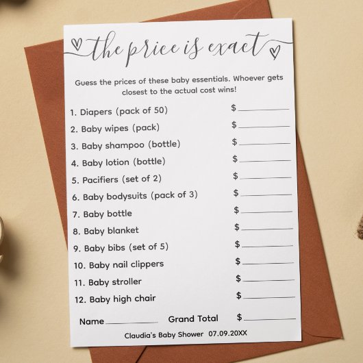 Baby shower spel raden de prijs is exacte Kaart