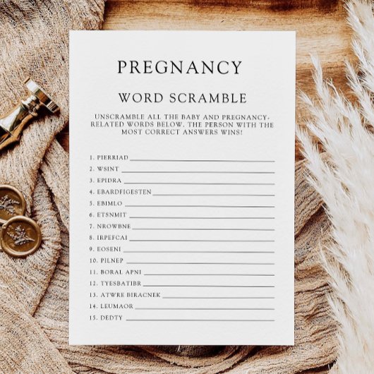 Baby shower spel – Word scramble zwangerschap Kaart