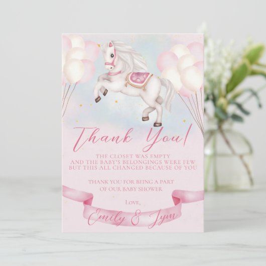Baby shower Sprookje Pony Sterren Roze Ballonnen Bedankkaart (Staand voorkant)