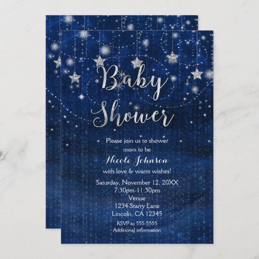 Baby shower Starry Night Blue & Silver Invitation (Devant / Derrière)