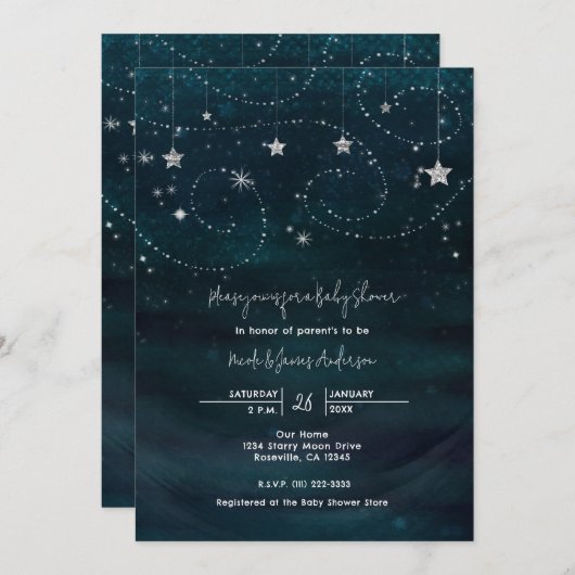 Baby shower Starry Night Blue & Silver Invitation (Devant / Derrière)