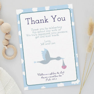 Baby shower Stork Blue Sky Clouds en Bijbelvers Bedankkaart