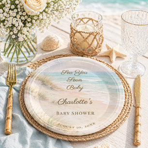 Baby Shower strand kust Ze zien je binnenkort Papieren Bordje