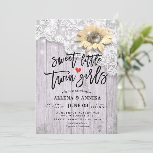 Baby shower Sweet Little Twin Girls Lace Sunflower Kaart (Staand voorkant)