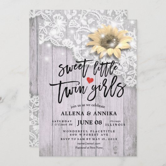 Baby shower Sweet Little Twin Girls Lace Sunflower Kaart (Voorkant / Achterkant)
