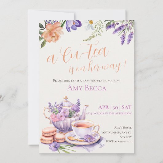 Baby shower Tea Party Invitation | Violet (Devant)