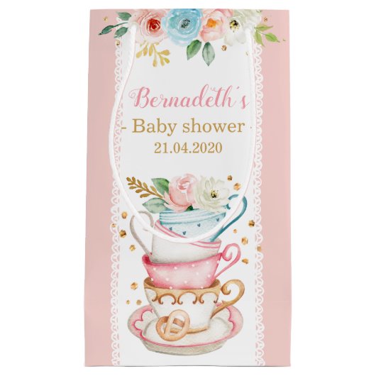 Baby shower Tea Party rose Petit sac cadeau (Devant)
