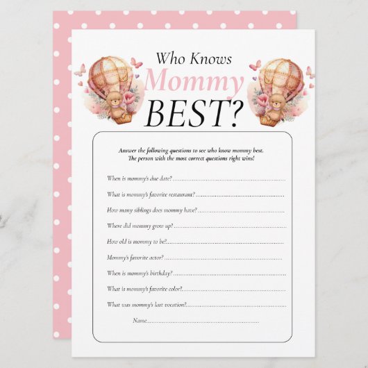 Baby Shower. teddy ballonnen Meisje dat Mamma kent Kaart (Voorkant / Achterkant)