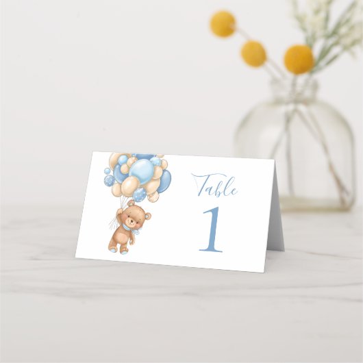 Baby shower Teddy Bear Ballon Blue Place Card (Voorkant)