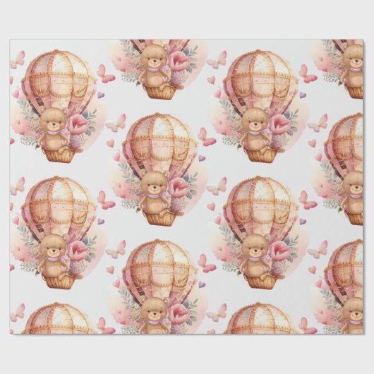 Baby shower Teddy Bear Hot Air Balonroze Cadeaupapier (Vlak)