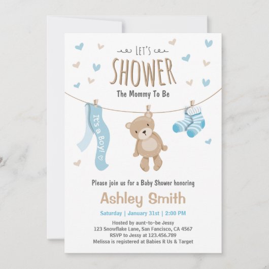 Baby shower Teddy Bear Invitation Baby Boy (Devant)