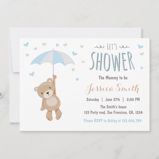 Baby shower Teddy Bear Invitation Baby Boy blue (Devant)
