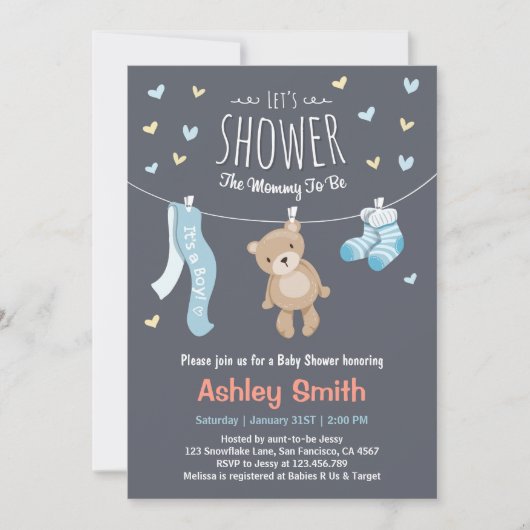 Baby shower Teddy Bear Invitation Baby Boy Kaart (Voorkant)