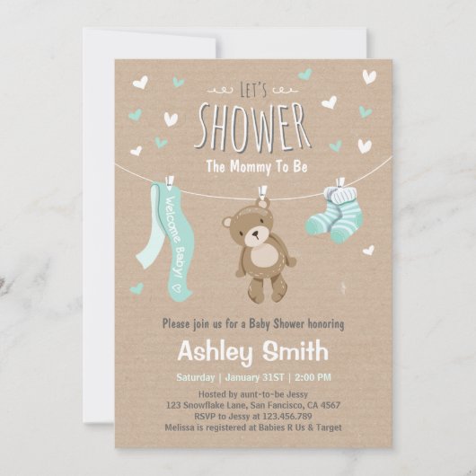 Baby shower Teddy Bear Invitation Baby Mint Green (Devant)