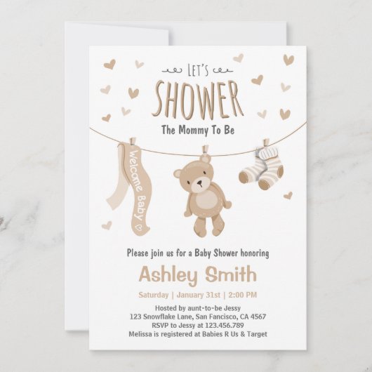 Baby shower Teddy Bear Invitation Brown Blanc (Devant)