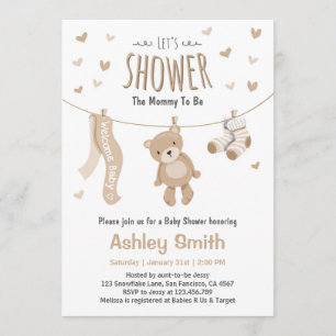 Baby shower Teddy Bear Invitation Brown Blanc