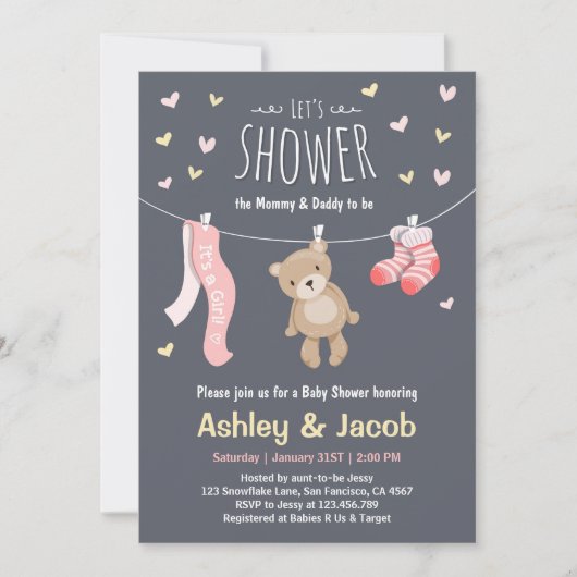 Baby shower Teddy Bear Invitation Pink Girl douche (Devant)