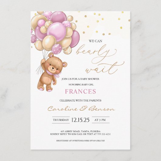 Baby shower Teddy Bear Pink Balloons Invitation (Devant)