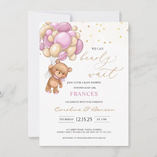 Baby shower Teddy Bear Pink Balloons Invitation (Devant)