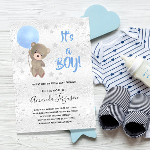 Baby shower teddy beestje blauwe zilverster uitnodiging briefkaart