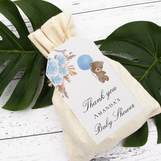 Baby shower teddy boy pampas gras bedankt cadeaulabel