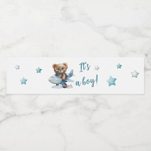 Baby shower teddybeer blauw waterfles etiket (Enkel label)