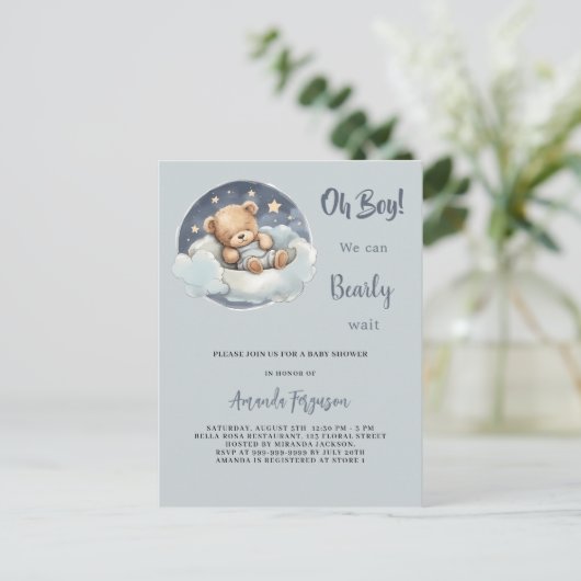 Baby shower teddybeer jongen blauw wolk schattig uitnodiging briefkaart (Staand voorkant)