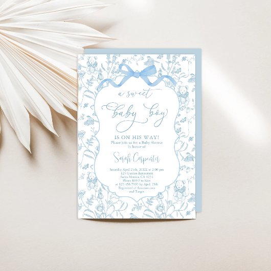 Baby shower Toile De Jouy avec Bow Boy Invitation