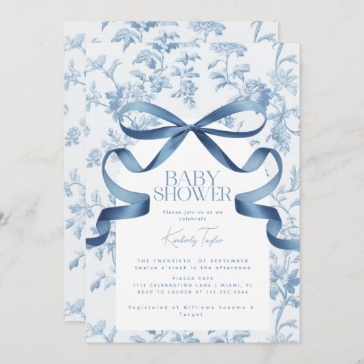 Baby shower Toile De Jouy Blue Bow Invitation (Devant / Derrière)