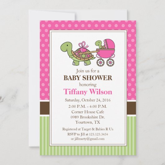 Baby shower tortue Invitation rose (Devant)