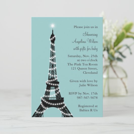 Baby shower Tour Eiffel Invitation (turquoise) (Debout devant)