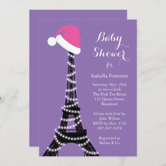 Baby shower Tour Eiffel Wintery Invitation violet (Devant / Derrière)
