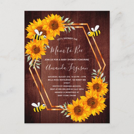 Baby shower tournesol abeille brune invitation (Devant)