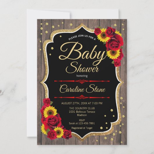 Baby shower - Tournesols Roses Invitation rustique (Devant)