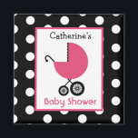 Baby shower - Transport rose et Pointe Polka<br><div class="desc">Une faveur baby shower avec l'illustration d'une poussette rose sur un arrière - plan de noir avec des pois blancs. Personnalisez avec votre nom.</div>