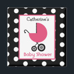 Baby shower - Transport rose et Pointe Polka<br><div class="desc">Une faveur baby shower avec l'illustration d'une poussette rose sur un arrière - plan de noir avec des pois blancs. Personnalisez avec votre nom.</div>