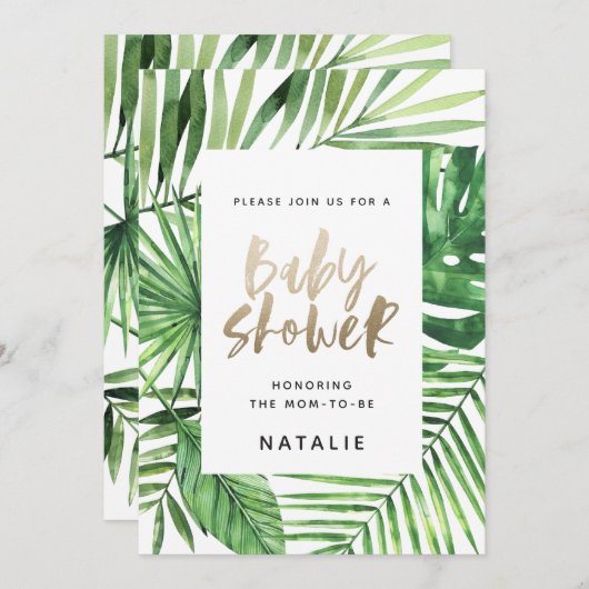 Baby shower Tropical palm et or script invitation (Devant / Derrière)