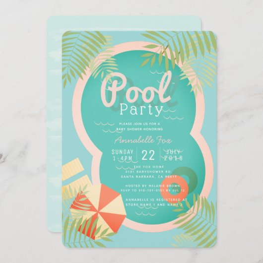 Baby shower Turquoise Blue Pool Party Invitation (Devant / Derrière)