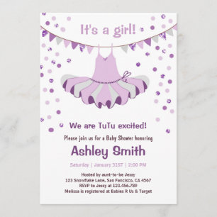 baby shower TuTu Paars Silver Uitnodiging