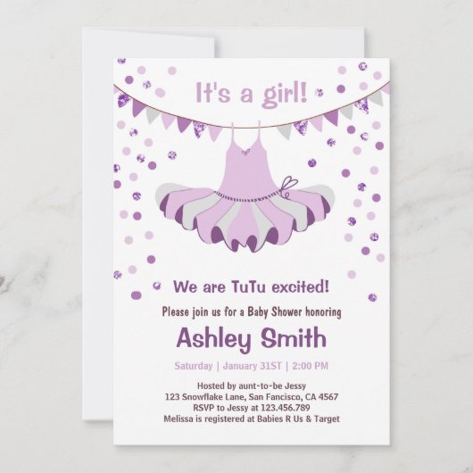 Baby shower TuTu Purple Invitation d'argent (Devant)