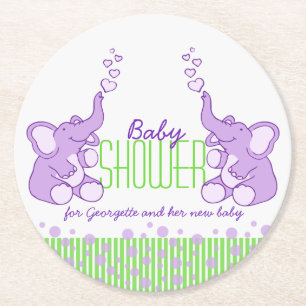 Baby shower twee olifanten groene paars ronde kartonnen onderzetter