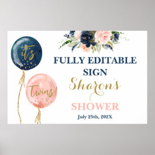 Baby shower-tweelingteken roze en blauwe ballonnen poster