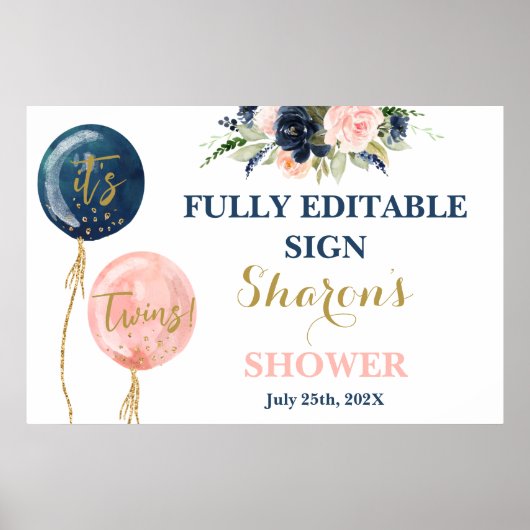 Baby shower-tweelingteken roze en blauwe ballonnen poster (Voorkant)