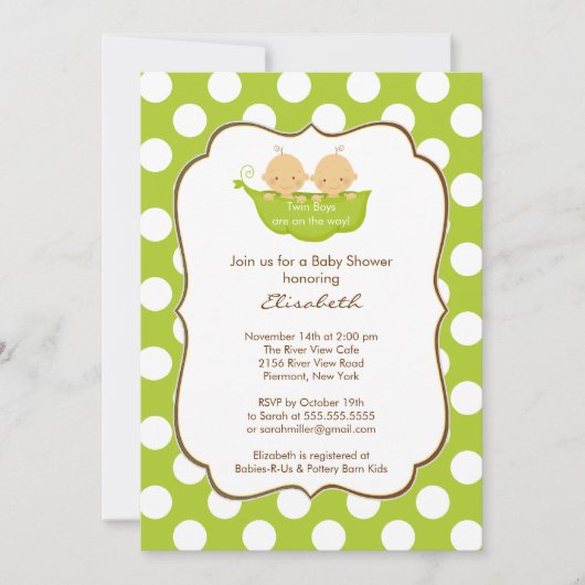 Baby shower Twins Boys Invitation Little Pea Pod (Devant)
