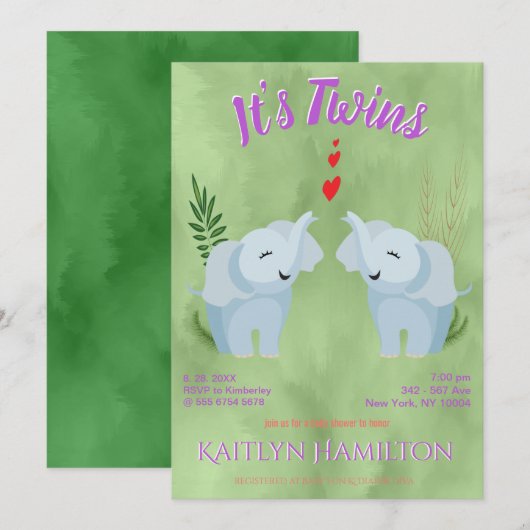 Baby shower Twins Elephant Kaart (Voorkant / Achterkant)