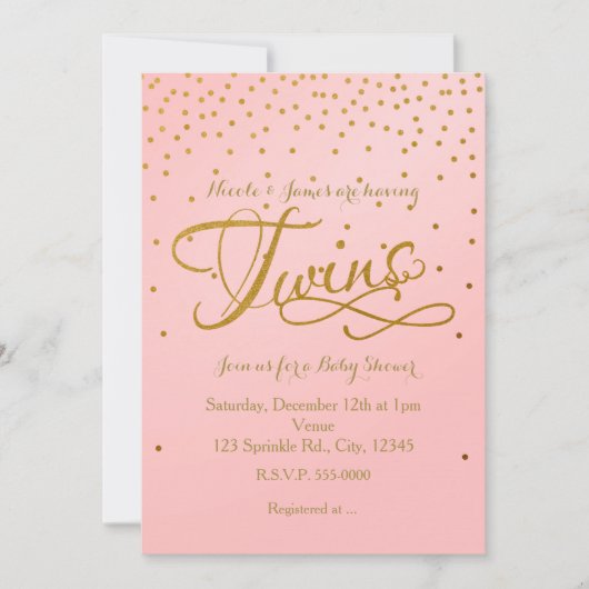 Baby shower TWINS Girl Rose & Gold Dot Invitation (Devant)