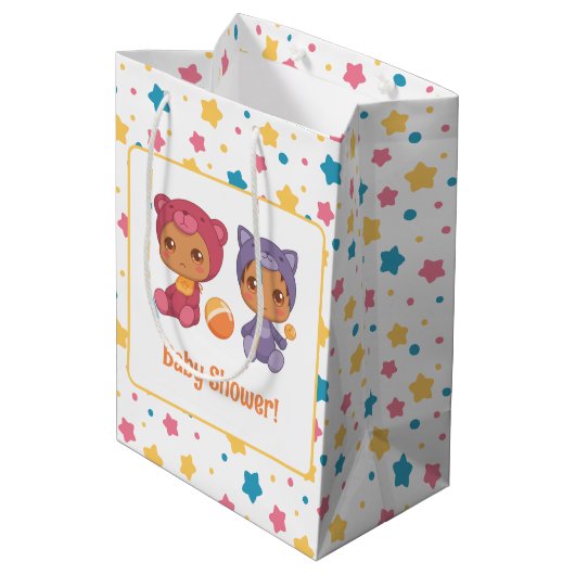 Baby shower Twins Kat Beer Sterren Donker Medium Cadeauzakje (Achterkant Gekanteld)