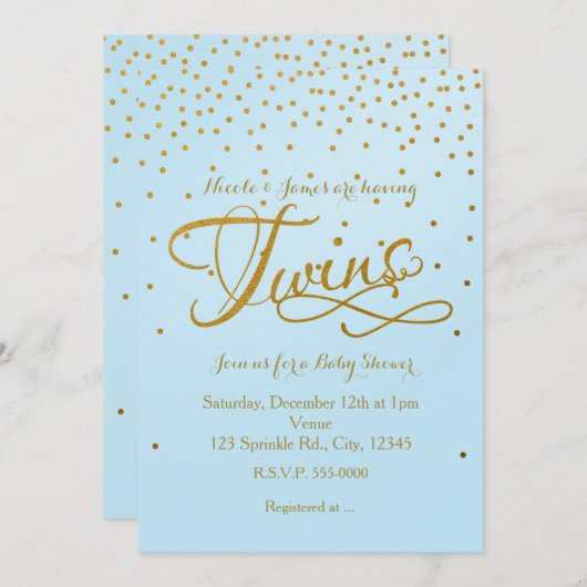 Baby shower TWINS Lumière Bleu & Or Dot Invitation (Devant / Derrière)