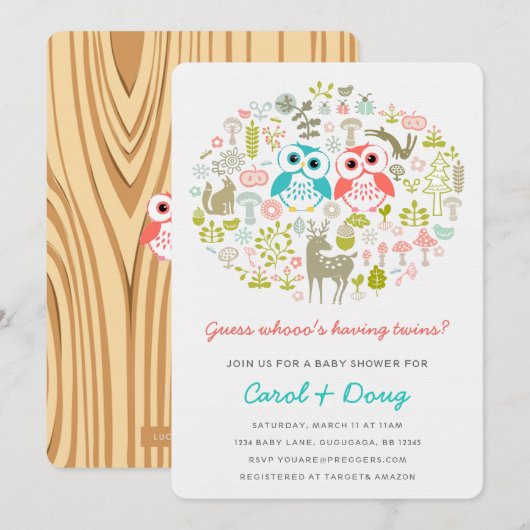 Baby shower Twins Owl Invitation Boy Gril (Devant / Derrière)
