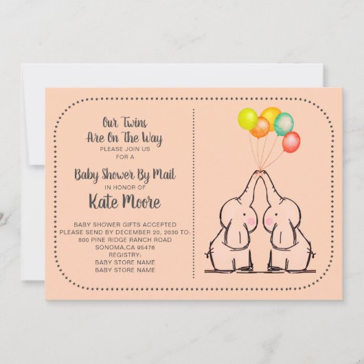 Baby shower Twins Par Mail Peach Invitation (Devant)